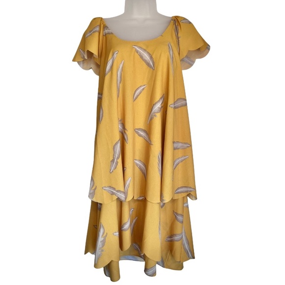 Karen Zambos KZ Feather Print Scalloped Dress Mustard Yellow Boho Size XS - Picture 10 of 10